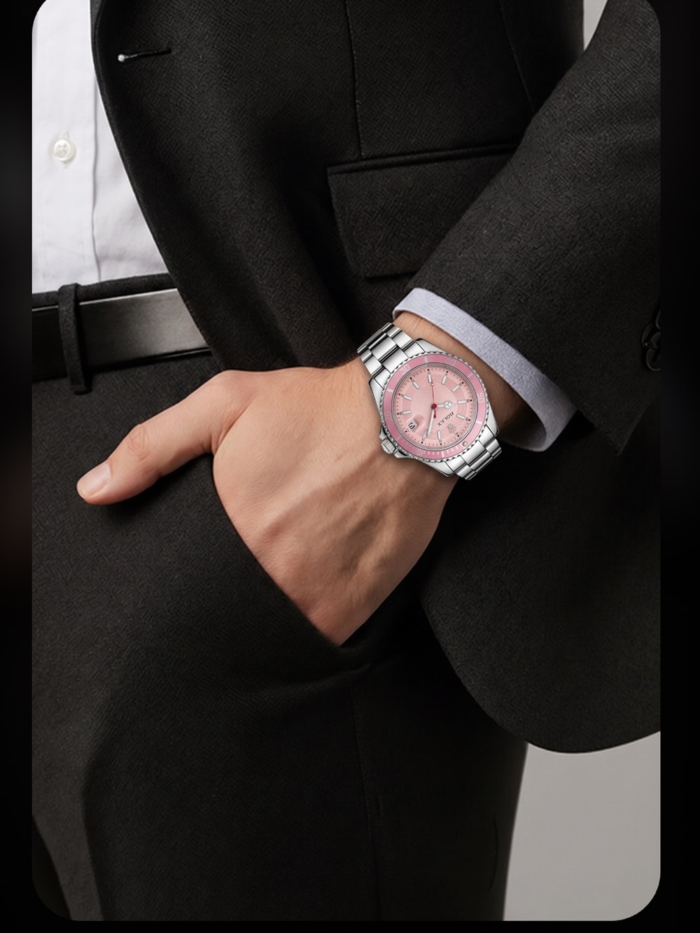 Fashion Men’s Stainless Watch with Pink Dial and Pink Bezel